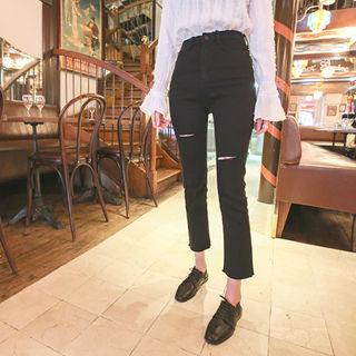 Mid-rise Distressed Straight-cut Pants