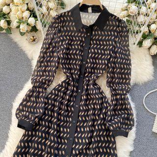 Long-sleeve Leaf Print Collared Midi A-line Dress Black - One Size