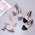 Furry Ball Bock Heel Sandals