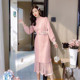 Set: Shirred Plain Knit Dress + Mesh Maxi Skirt