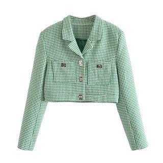 Notch Lapel Houndstooth Cropped Jacket