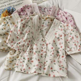 Puff-sleeve Printed Crop Shirt