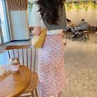 Floral Midi A-line Skirt / Plain Short-sleeve T-shirt
