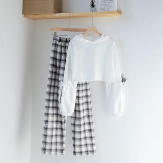 Hooded Long-sleeve Top / Plaid Straight Fit Pants