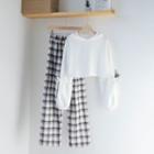 Hooded Long-sleeve Top / Plaid Straight Fit Pants