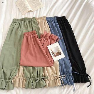 Plain Lace-up High-waist Chiffon Cropped Pants