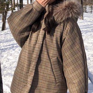Furry-trim Hooded Padded Jacket Plaid - One Size