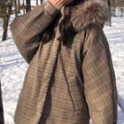 Furry-trim Hooded Padded Jacket Plaid - One Size