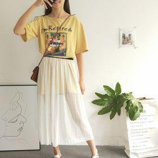 Set: Short-sleeve Cat Print T-shirt + Midi Mesh Skirt
