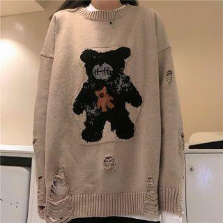 Distressed Bear Print Sweater Almond - One Size