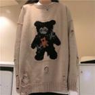 Distressed Bear Print Sweater Almond - One Size