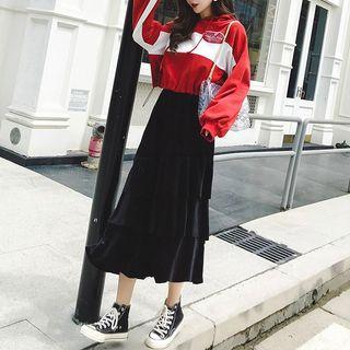 Set: Color Block Hoodie + Midi Layered Skirt