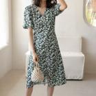 V-neck Floral Button-up A-line Split Dress