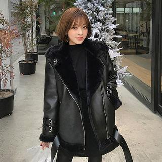 Diagonal-zip Belted Faux Shearling Jacket (2 Types)