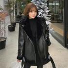 Diagonal-zip Belted Faux Shearling Jacket (2 Types)