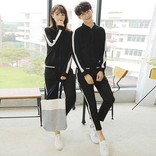 Set: Couple Matching Contrast-trim Zip Jacket + Pants