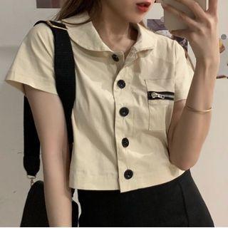 Short-sleeve Zip-pocket Cropped Shirt