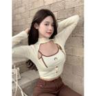 Set: Long-sleeve Mock-neck Cutout Crop Top + Moon Embroidered Camisole Top