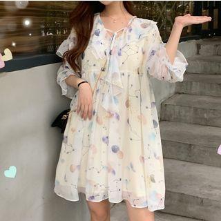 Celestial Print 3/4-sleeve Ruffled Mini Chiffon Dress As Shown In Figure - One Size