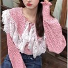 Long-sleeve Lace Trim Collar Floral Chiffon Blouse Pink - One Size