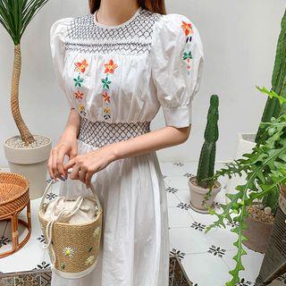 Puff-sleeve Flower-embroidered Long Dress
