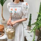 Puff-sleeve Flower-embroidered Long Dress