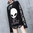 Long-sleeve Alien Print T-shirt Black - One Size