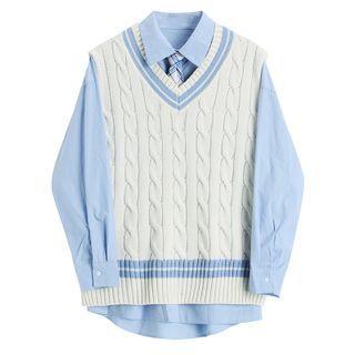 Color-block V-neck Knit Vest / Long-sleeve Shirt With Tie