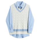 Color-block V-neck Knit Vest / Long-sleeve Shirt With Tie