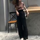 Set: Short Sleeve Plain T-shirt + High Waist Lace-up Wide-leg Pants