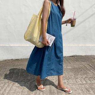 Sleeveless Ruffle-back Denim Dress Dark Blue - One Size