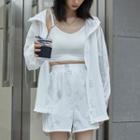 Long-sleeve Print Zipped Hooded Jacket + High-waist Print Shorts White - One Size