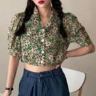Short-sleeve Floral Crop Shirt Green - One Size