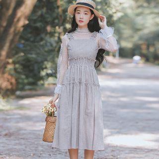 Long-sleeve Mesh Top / Wide-strap Plaid A-line Dress