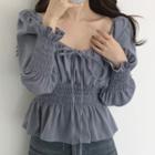 Puff-sleeve Plain Lace Up Elastic Waist Blouse