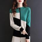 Color Block Knit Top Black & Beige & Bluish Green - One Size
