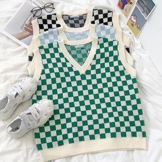 Plaid  V-neck Knit Vest