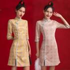 3/4-sleeve Plaid Mini Qipao Dress