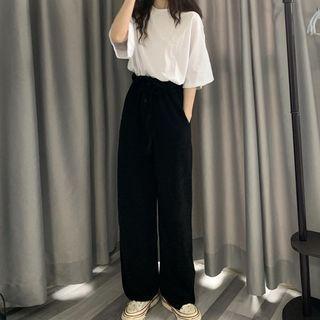 Elbow-sleeve Plain T-shirt / Wide-leg Pants