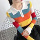 Long-sleeve Color Block Knit Polo Shirt As Shown In Figure - One Size