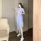 Mesh Panel Faux Pearl Short-sleeve Midi A-line Dress