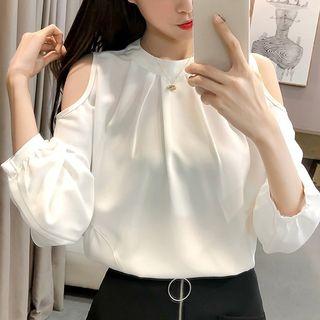 Cut Out Shoulder Plain 3/4 Sleeve Chiffon Blouse