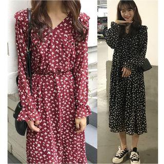 Chiffon Floral Print Long-sleeve Midi A-line Dress
