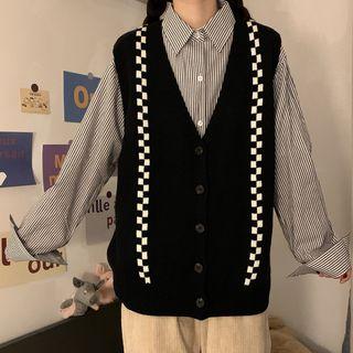 Checked Panel Knit Vest Black - One Size