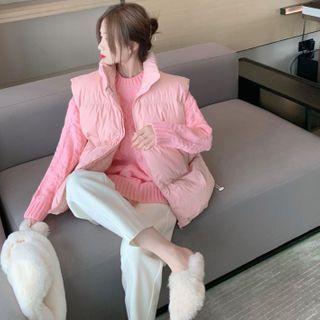 Padded Zip-up Vest / Cable Knit Sweater / Straight-leg Pants