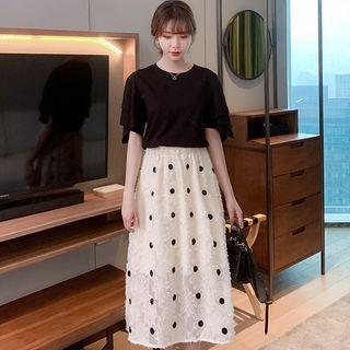 Set: Bell-sleeve Top + Dotted Midi A-line Skirt