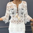 Lace-up Front 3/4-sleeve Crochet Top