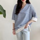 V-neck Contrast-trim Stripe T-shirt