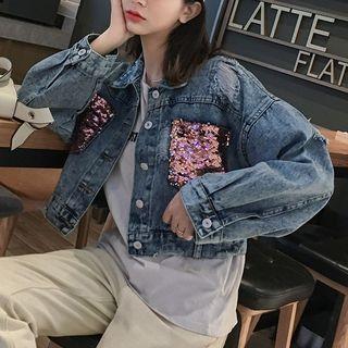 Sequined Pocket Buttoned Denim Jacket