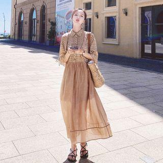 Square-neck Plaid Panel Mock Two-piece Dress